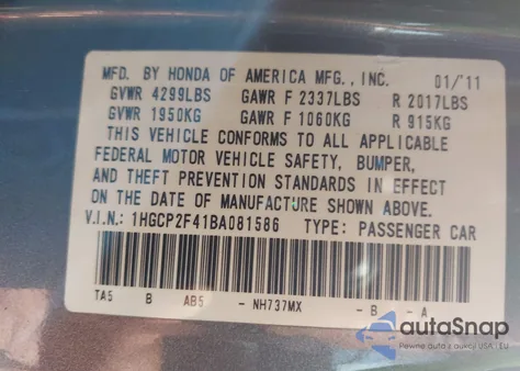 2011 Honda Accord 2.4 Lx-P from USA, damaged, VIN 1HGCP2F41BA081586
